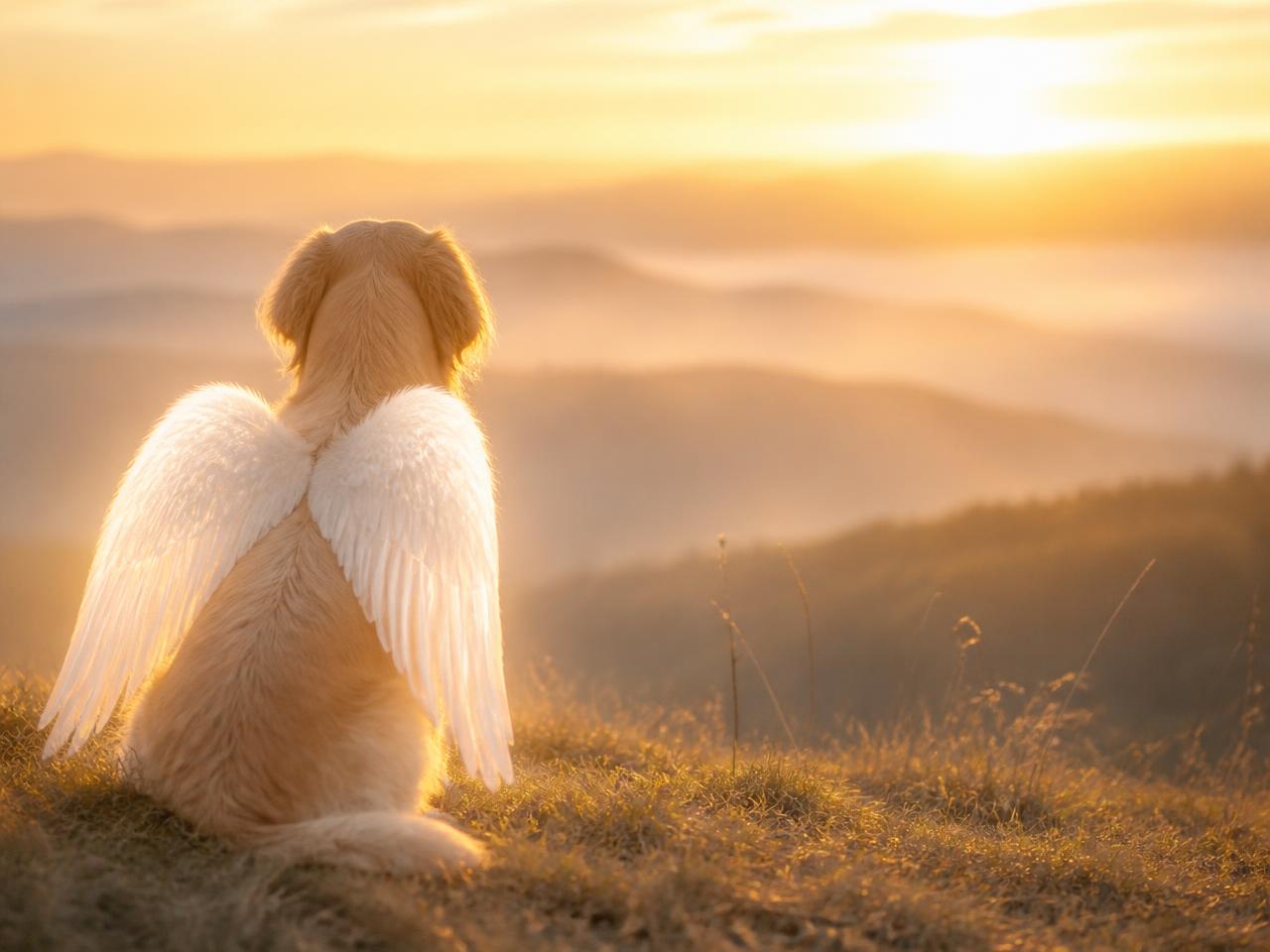 Un chien de dos avec des ailes d'ange gardien contemplant un paysage au coucher du soleil